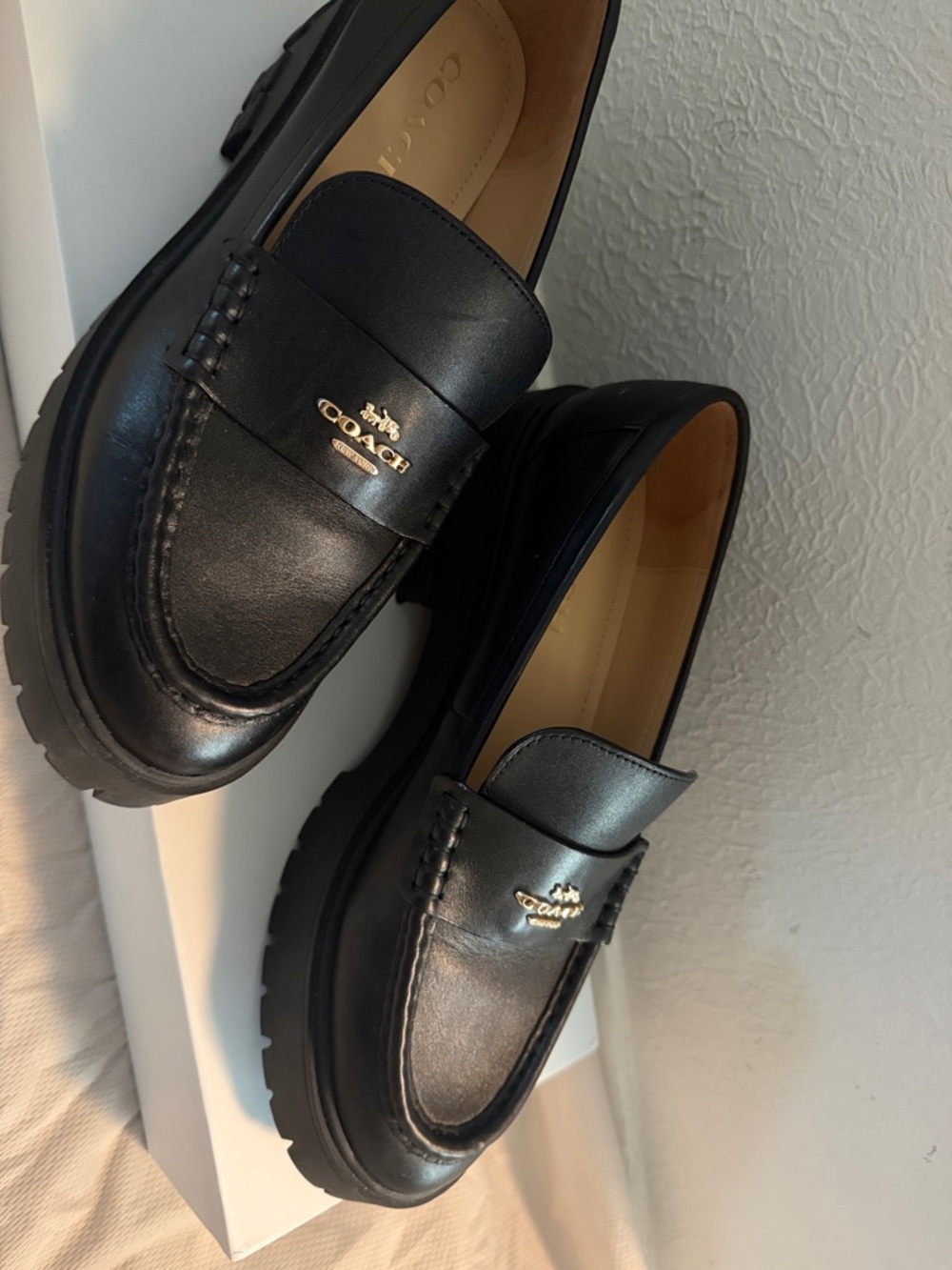 Coach Black Leather Lug-Sole Penny Loafers with Gold Logo